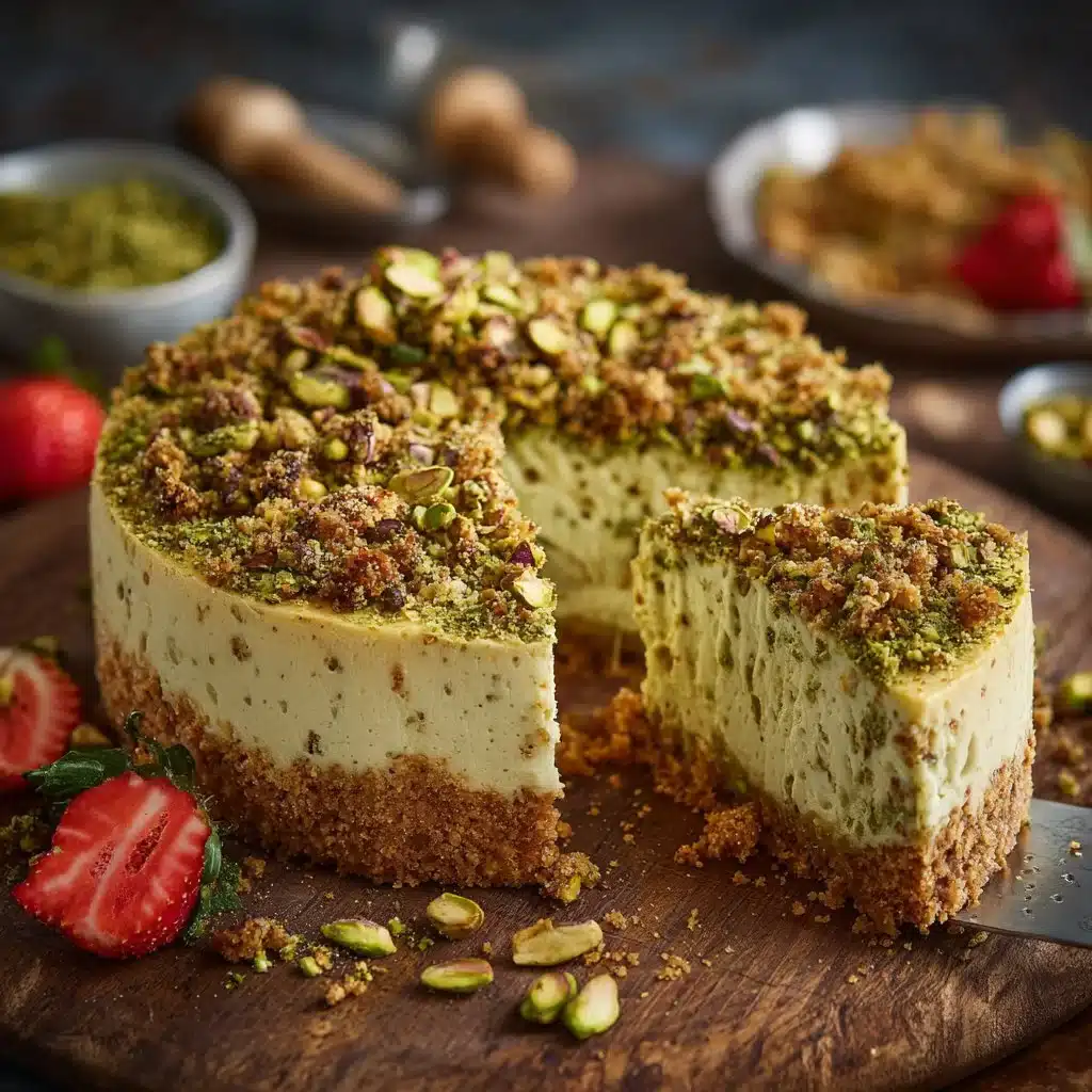Pistachio Bliss Cheesecake Recipe - Creamy & Bright 3 Delicious Pistachio Cheesecake topped with crushed pistachios