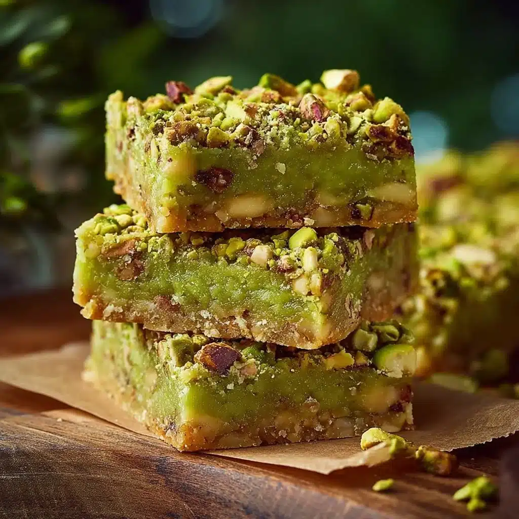 Pistachio Dream Cookie Bars: Easy Crunchy & Irresistible Now 3 Pistachio dream cookie bars stacked on a plate with a sprinkle of nuts