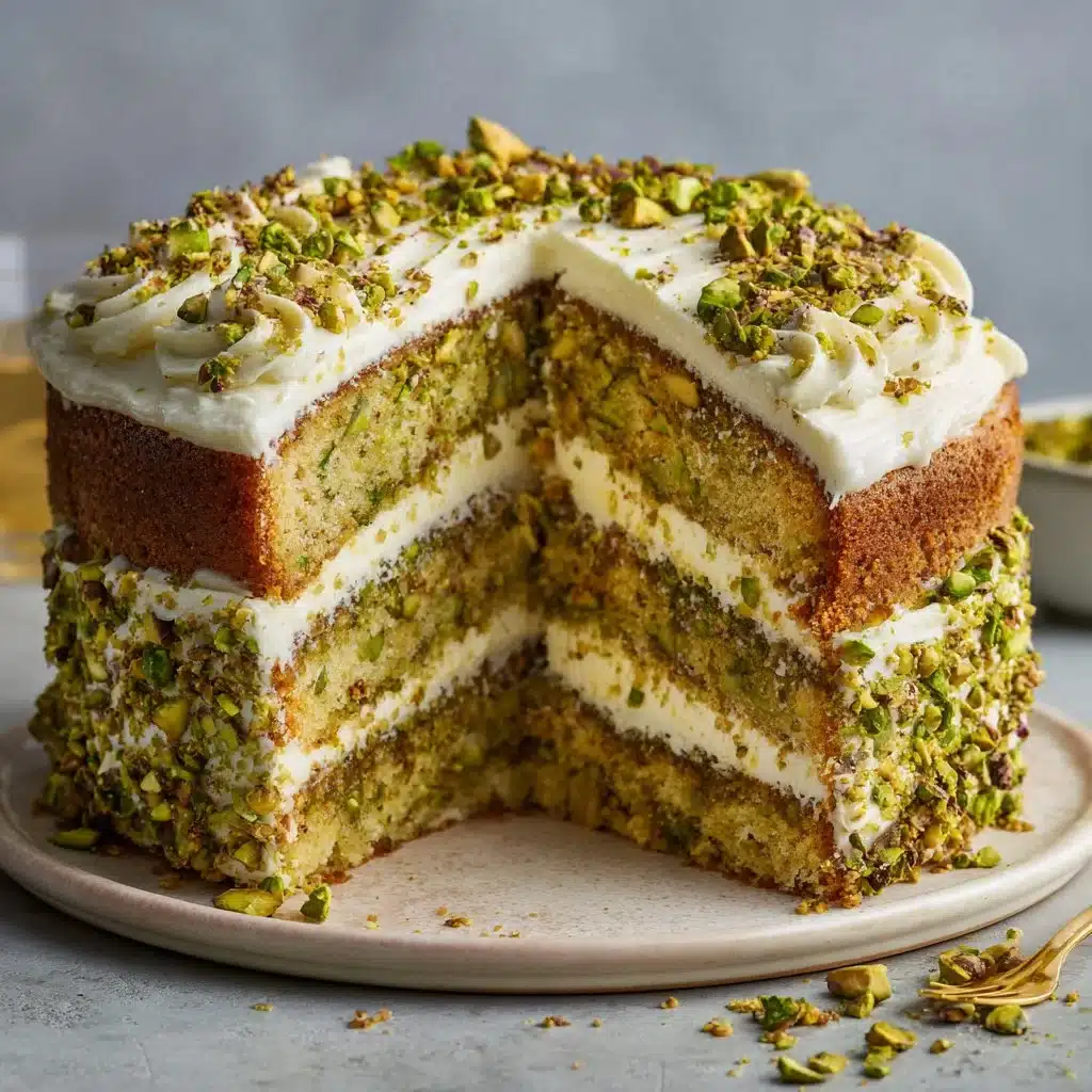 Slice of Pistachio Mascarpone Layer Cake with green pistachios on top.