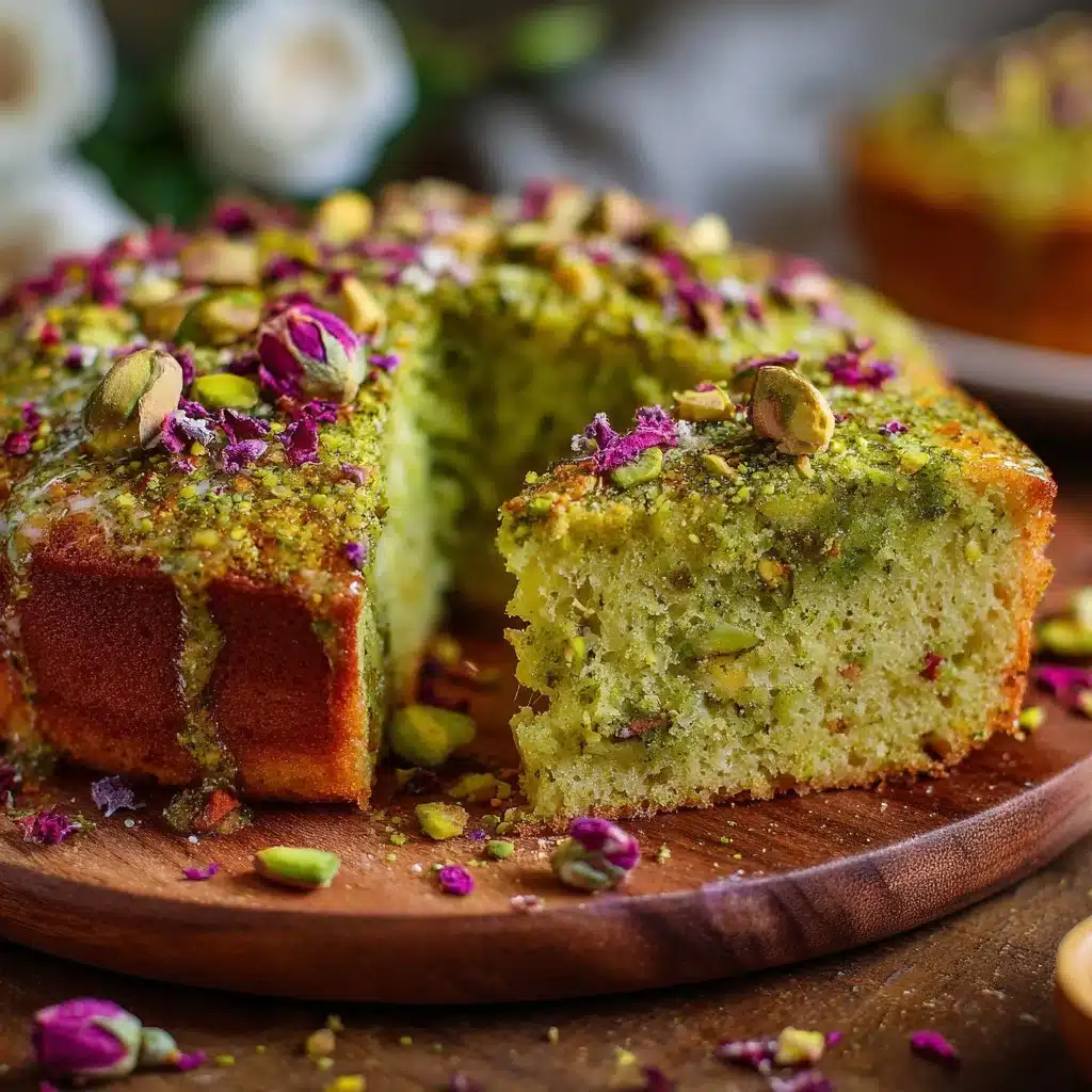 Pistachio Milk Cake That Melts in Your Mouth 3 Pistachio milk cake topped with pistachios and whipped cream on a rustic table