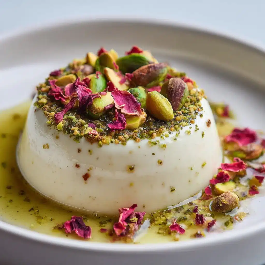 Plate of delicious Pistachio Panna Cotta topped with crushed pistachios and berries