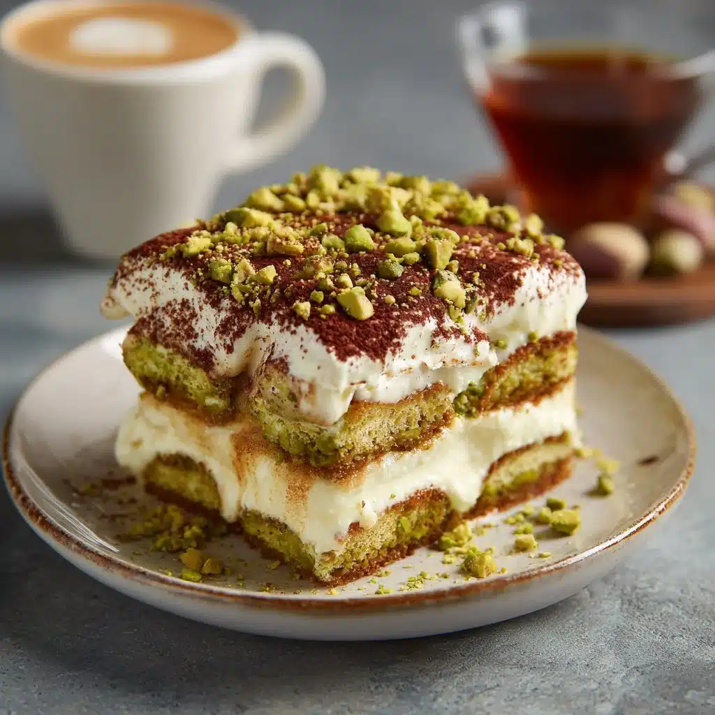 Delicious Pistachio Tiramisu dessert served in a glass with pistachio garnish