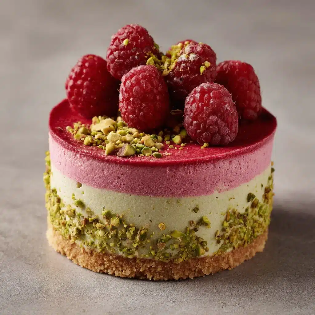 Delicious Raspberry Pistachio Mousse Cake topped with fresh raspberries