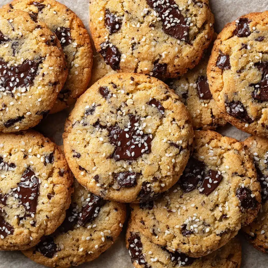 Freshly baked sesame miso chocolate chip cookies on a cooling rack.