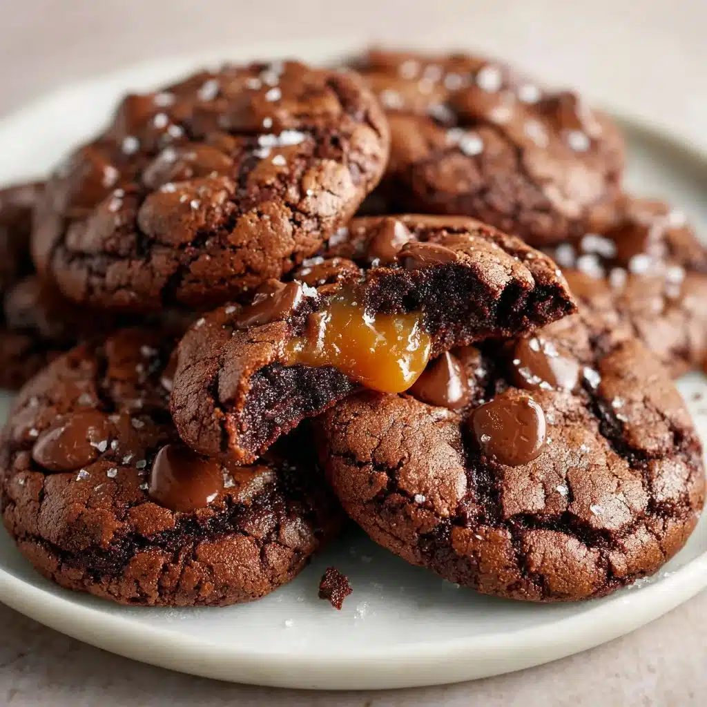 Soft batch salted caramel fudge cookies topped with rich caramel sauce.