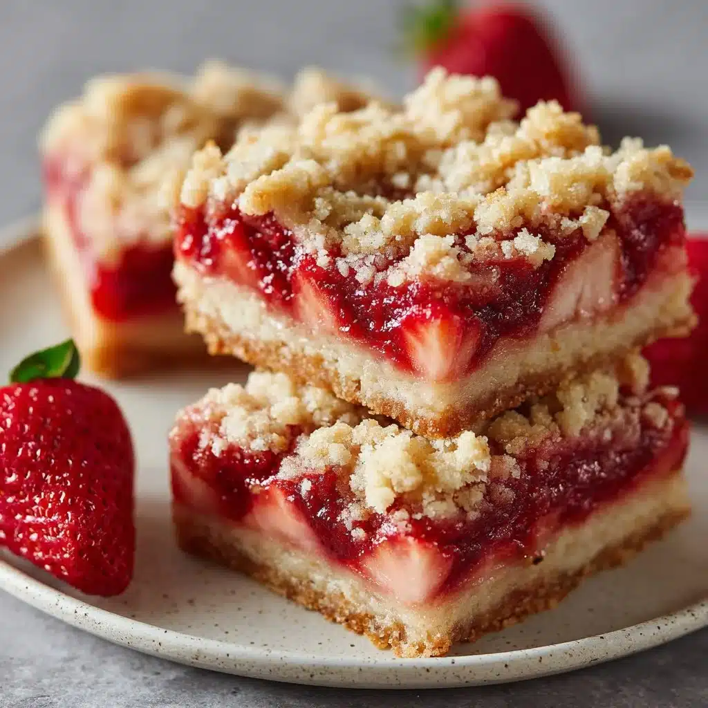 Delightful Strawberry Crumb Bars: A Sweet Treat to Savor 3 Delicious strawberry crumb bars with a golden crumb topping and fresh strawberry filling