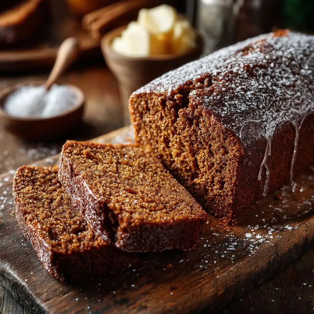 Baked spiced gingerbread loaf with holiday spices and decorations