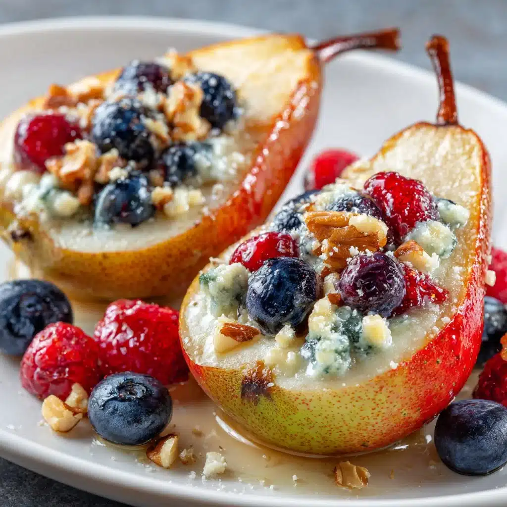 Baked pears with berries and blue cheese served on a plate
