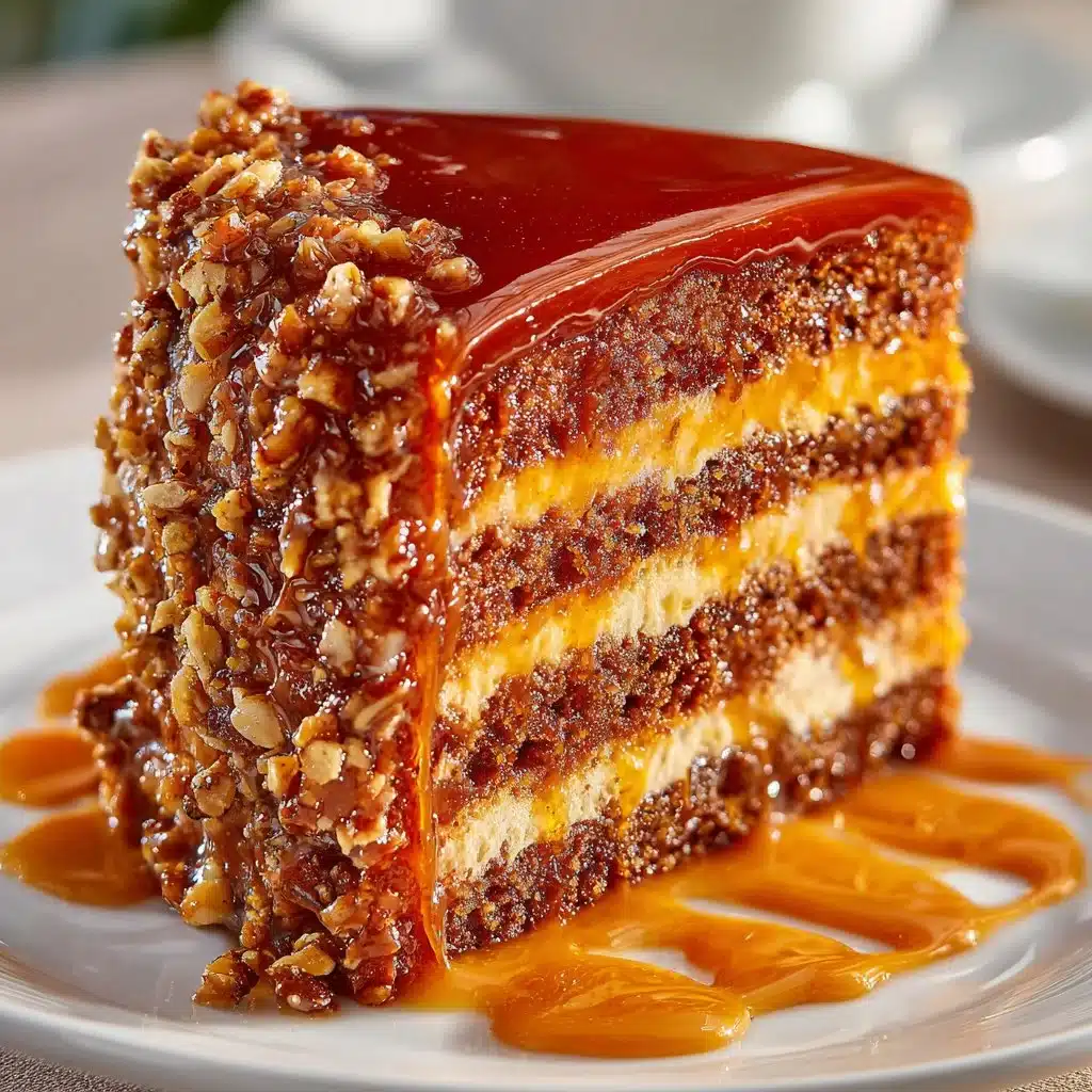 Delicious Caramel Toffee Crunch Cake topped with caramel sauce and crunchy bits