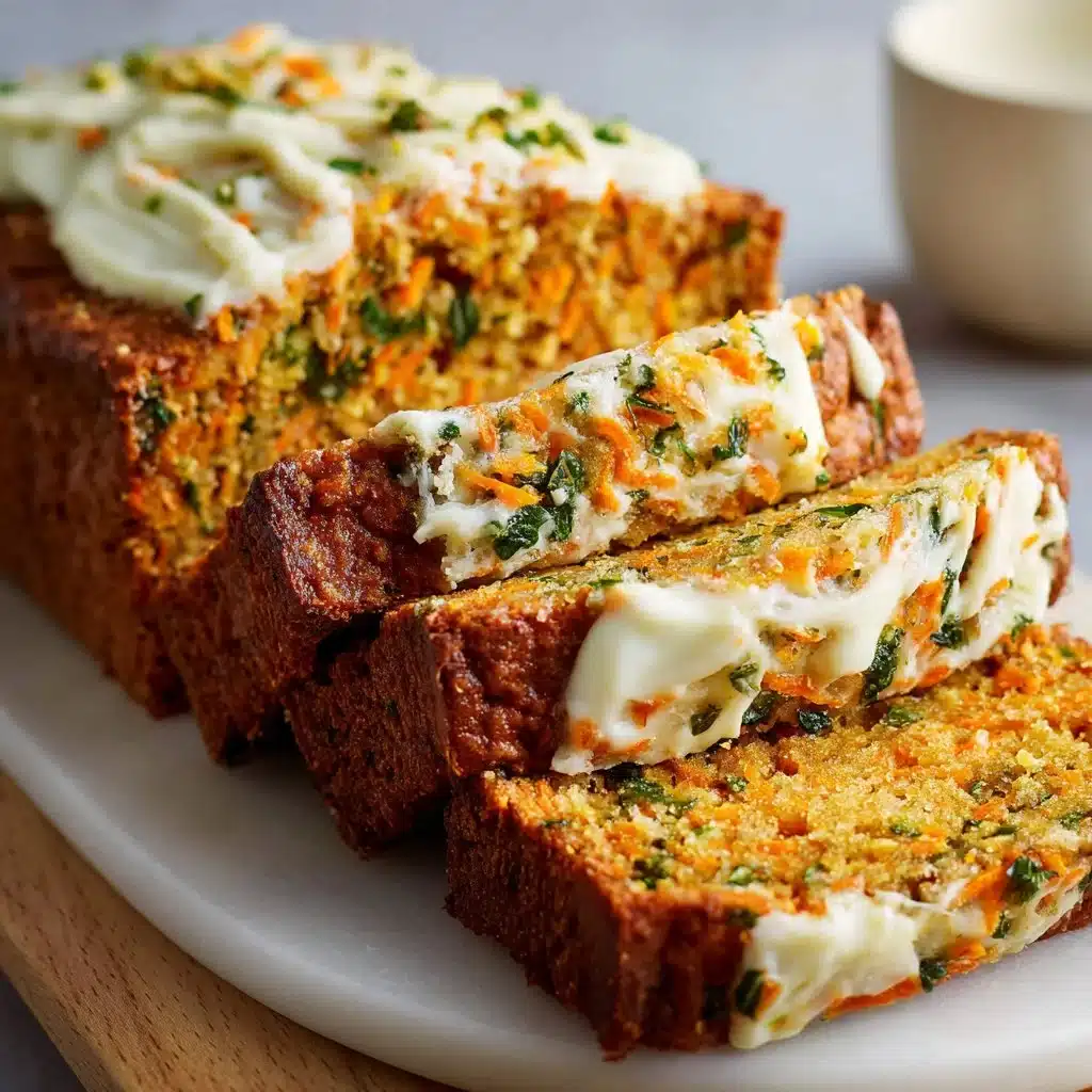Moist Carrot Apple Zucchini Bread sliced on a wooden board, topped with walnuts.