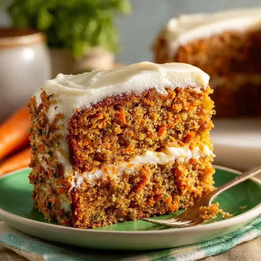 Deliciously moist carrot cake with cream cheese frosting on a rustic table