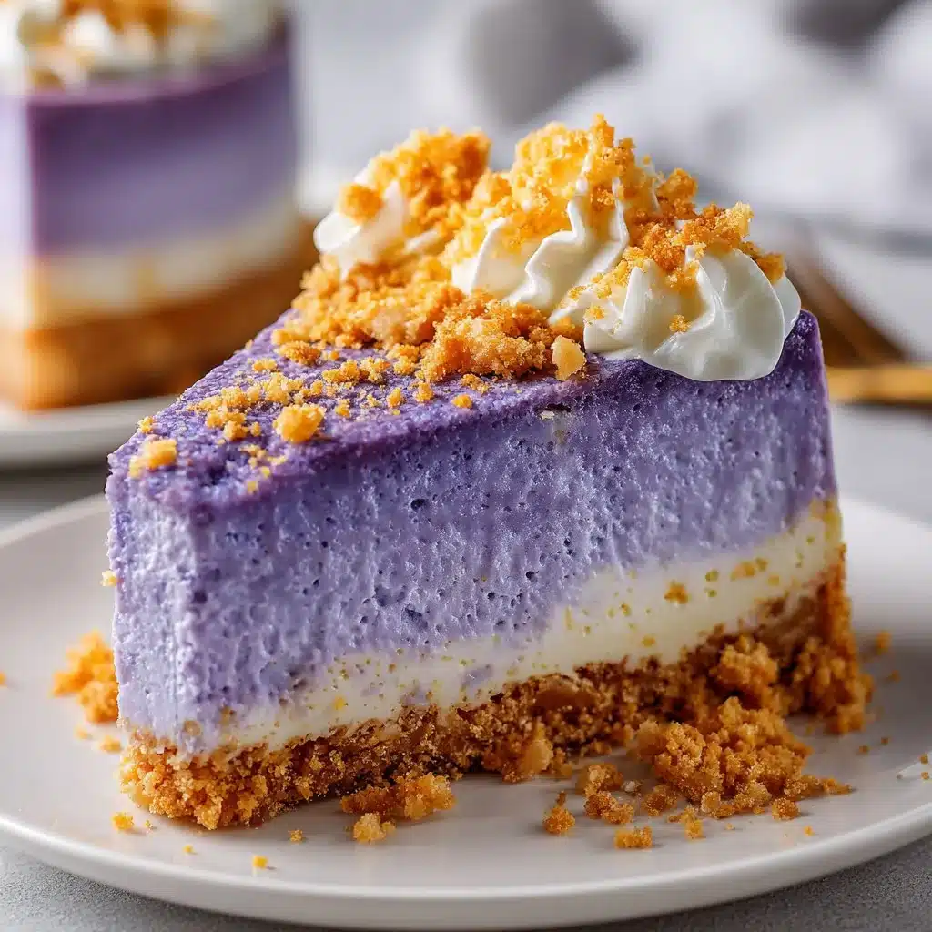 Slice of delightful ube cheesecake on a plate
