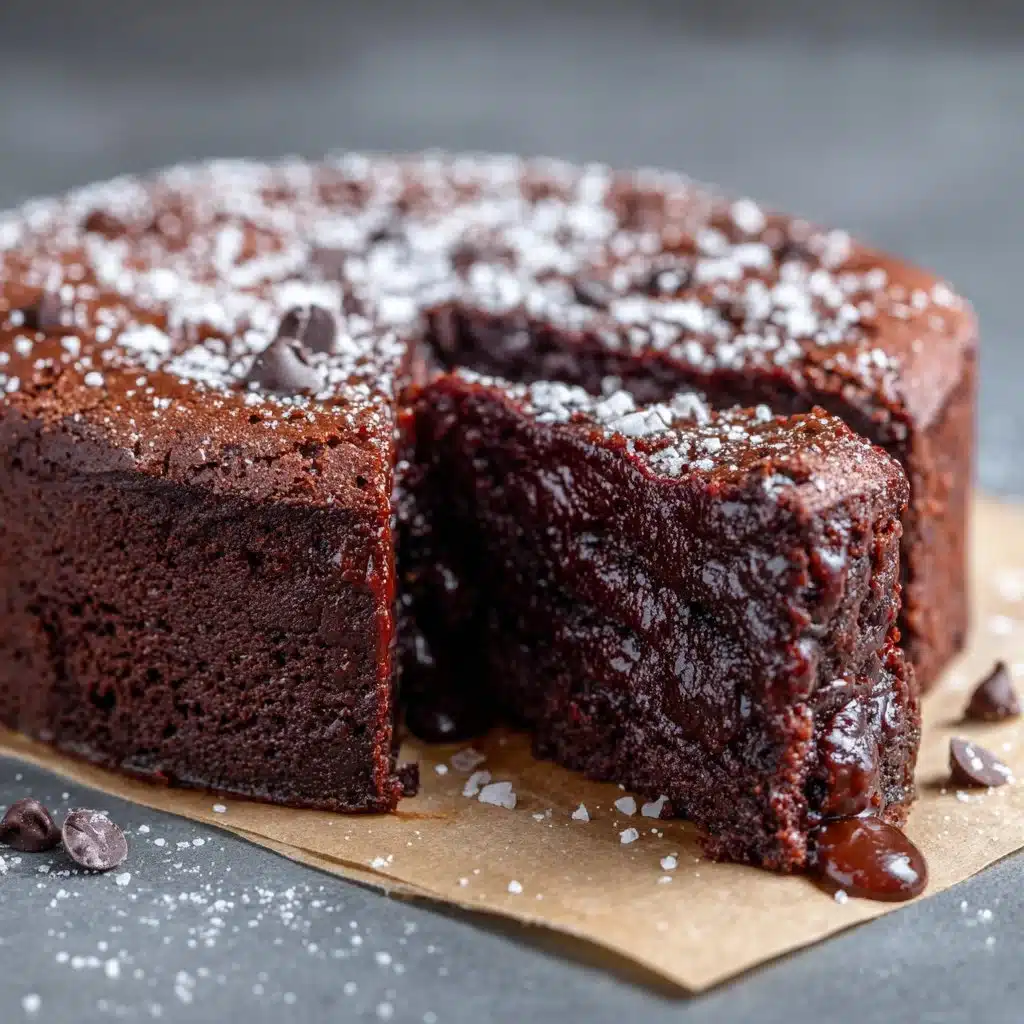 Delicious slice of flourless chocolate cake topped with berries and whipped cream.