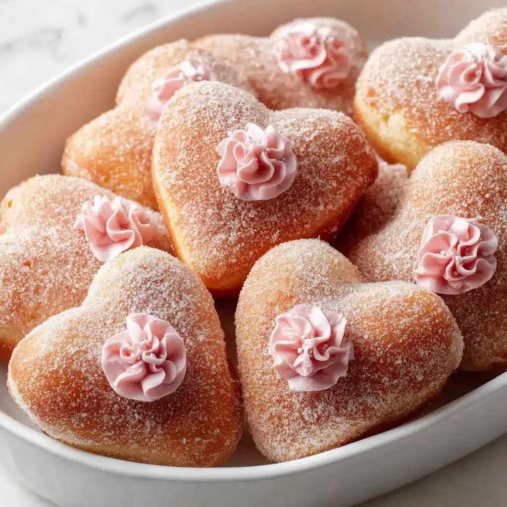Heart shaped strawberry cheesecake donuts displayed on a pastel plate