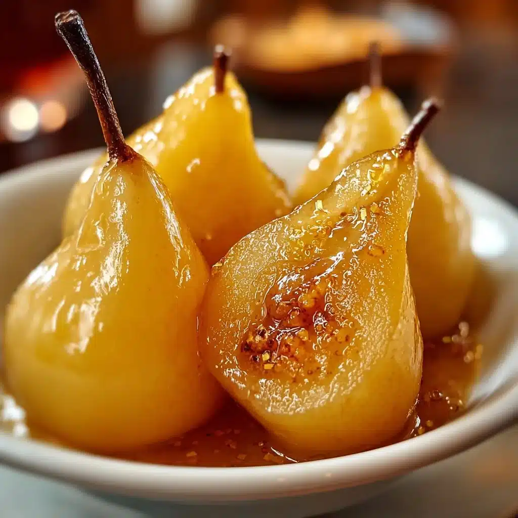 Honey glazed baked pears served on a plate with a drizzle of honey and nuts