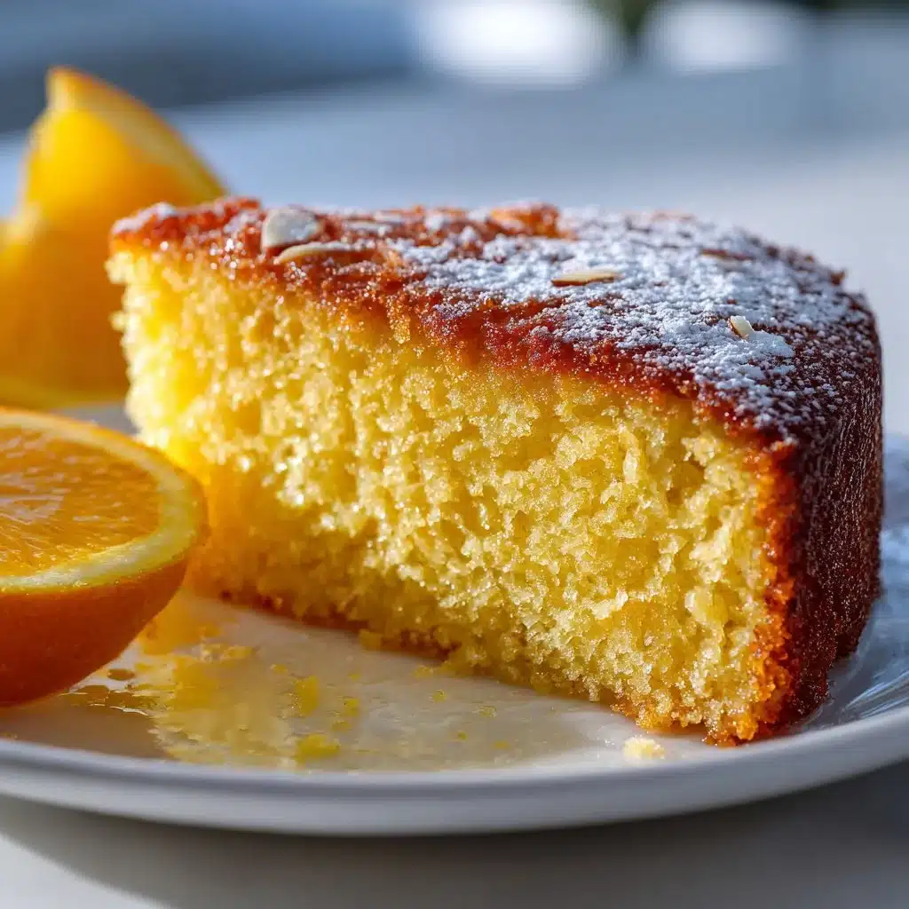 Slice of Italian almond orange cake with a citrus glaze on a white plate