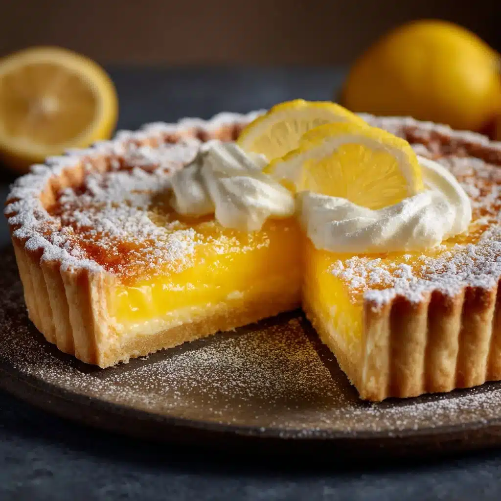 Delicious homemade lemon tart with citrus glaze on a white plate