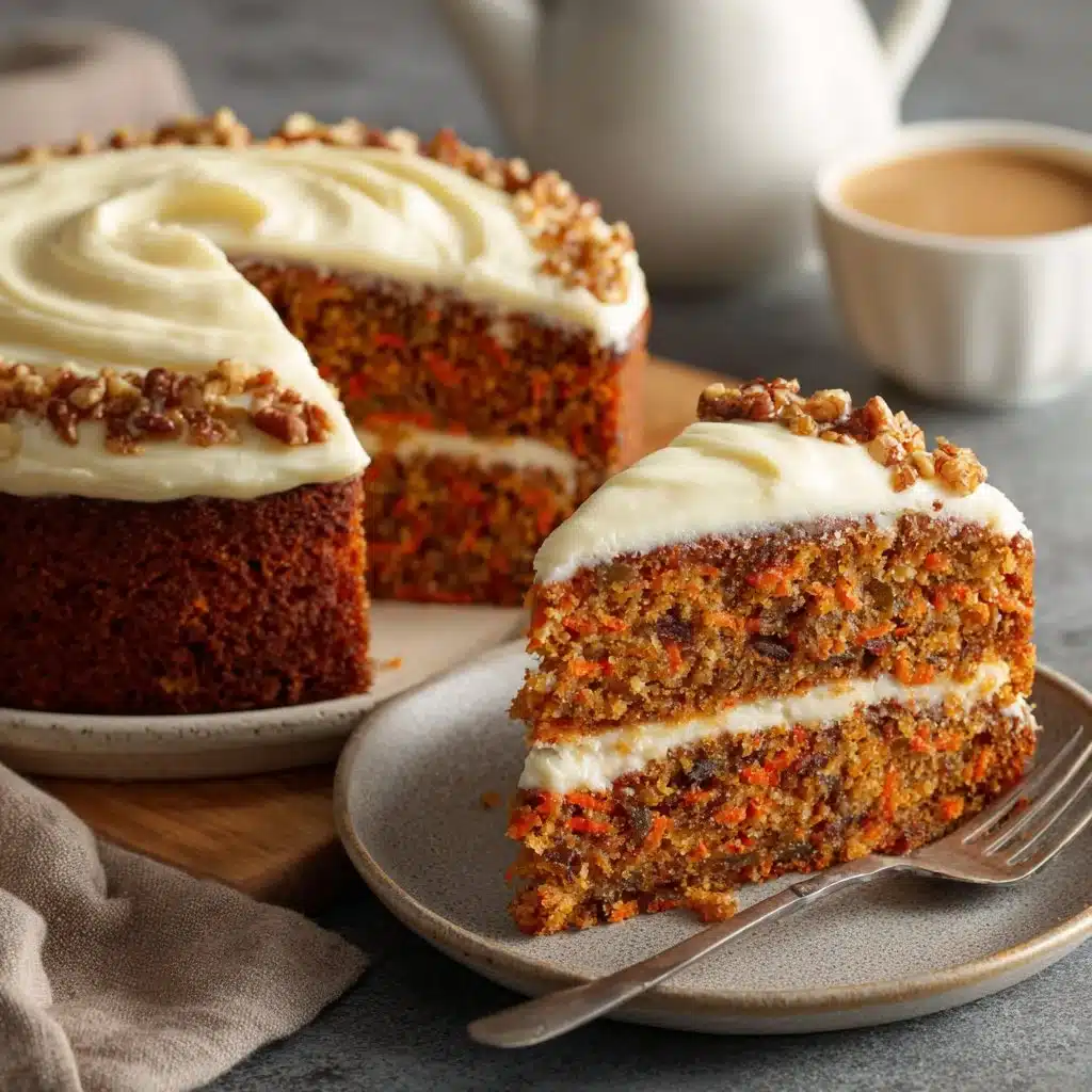 Moist homemade carrot cake slice topped with cream cheese frosting