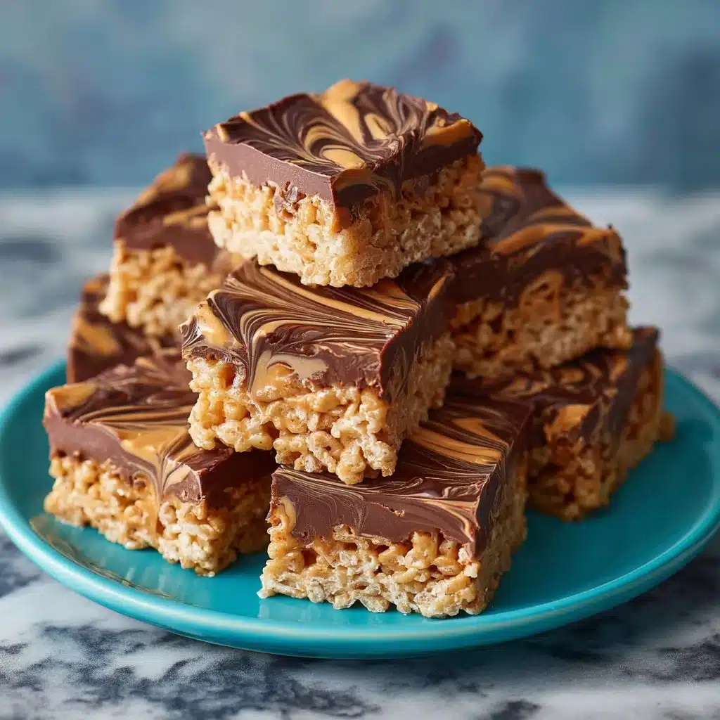 Peanut Butter Rice Krispie Treats with Chocolate Swirl on a plate