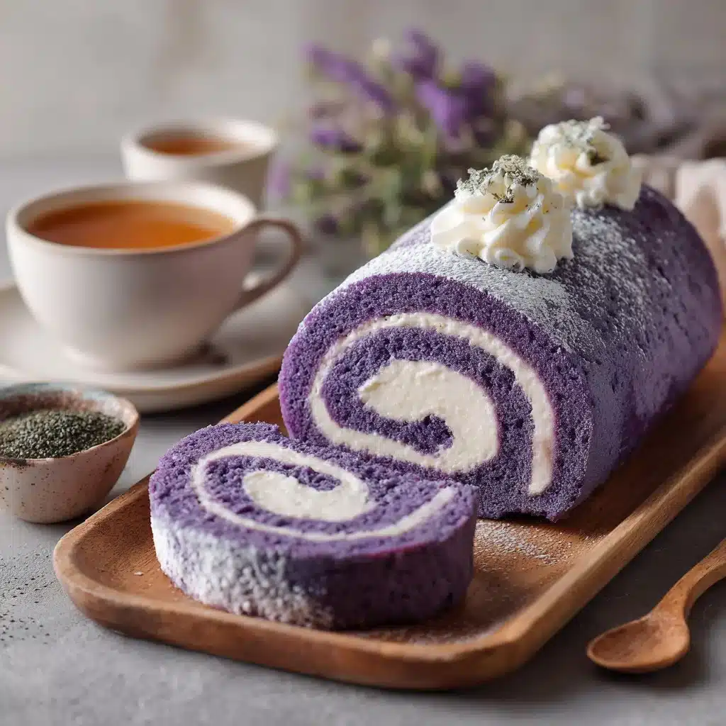 Purple yam roll cake with a beautiful swirl and vibrant purple color.