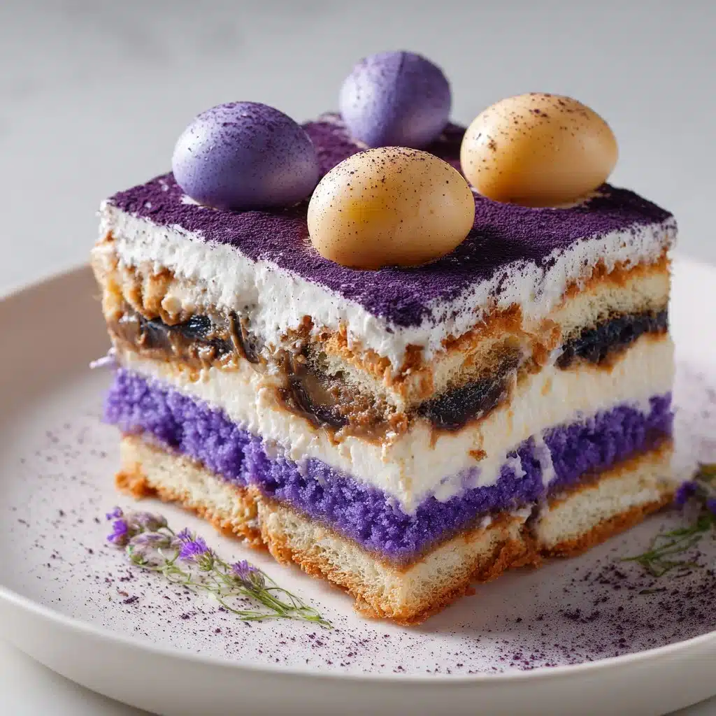 Delicious Purple Yam Tiramisu served in a dessert glass with a creamy layer