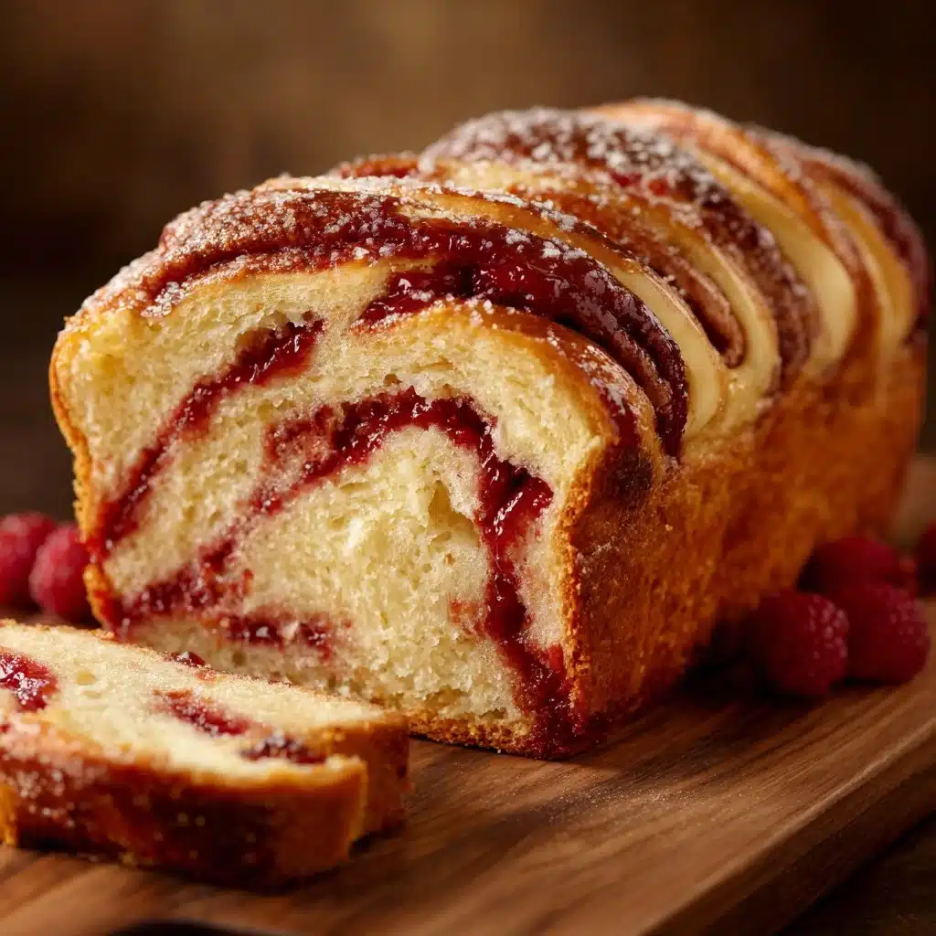 Freshly baked raspberry swirl brioche loaf with vibrant raspberry filling.