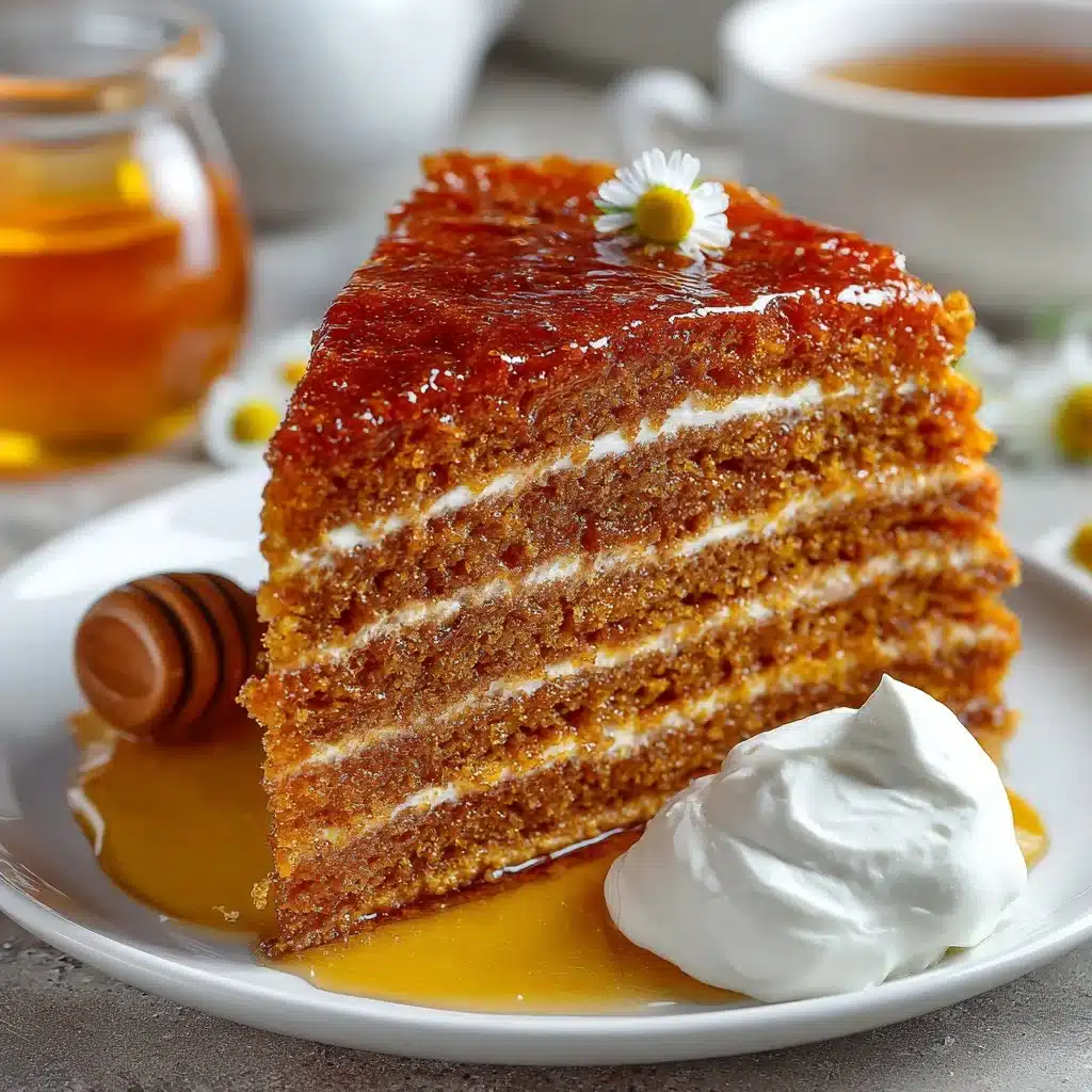 Delicious slice of Russian Honey Cake (Medovik) with layers and honey drizzle