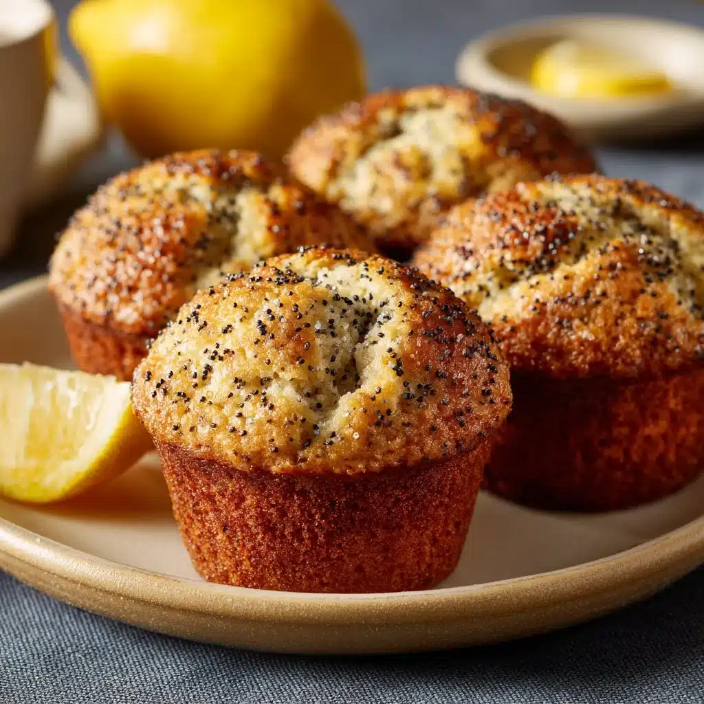Freshly baked sourdough lemon poppy seed muffins with a golden crust.