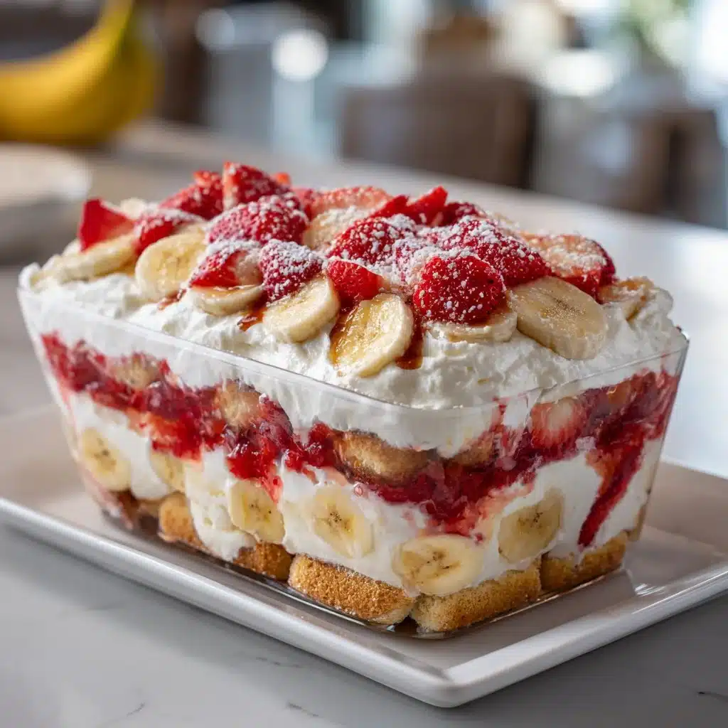 Delicious strawberry banana pudding in a glass topped with fresh fruit and whipped cream