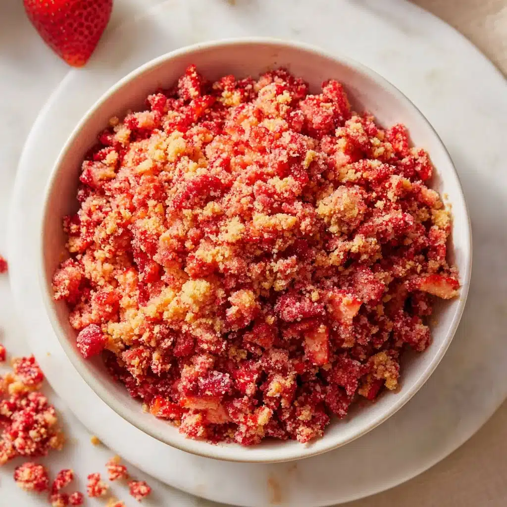 Delicious strawberry crumble topping on a dessert dish