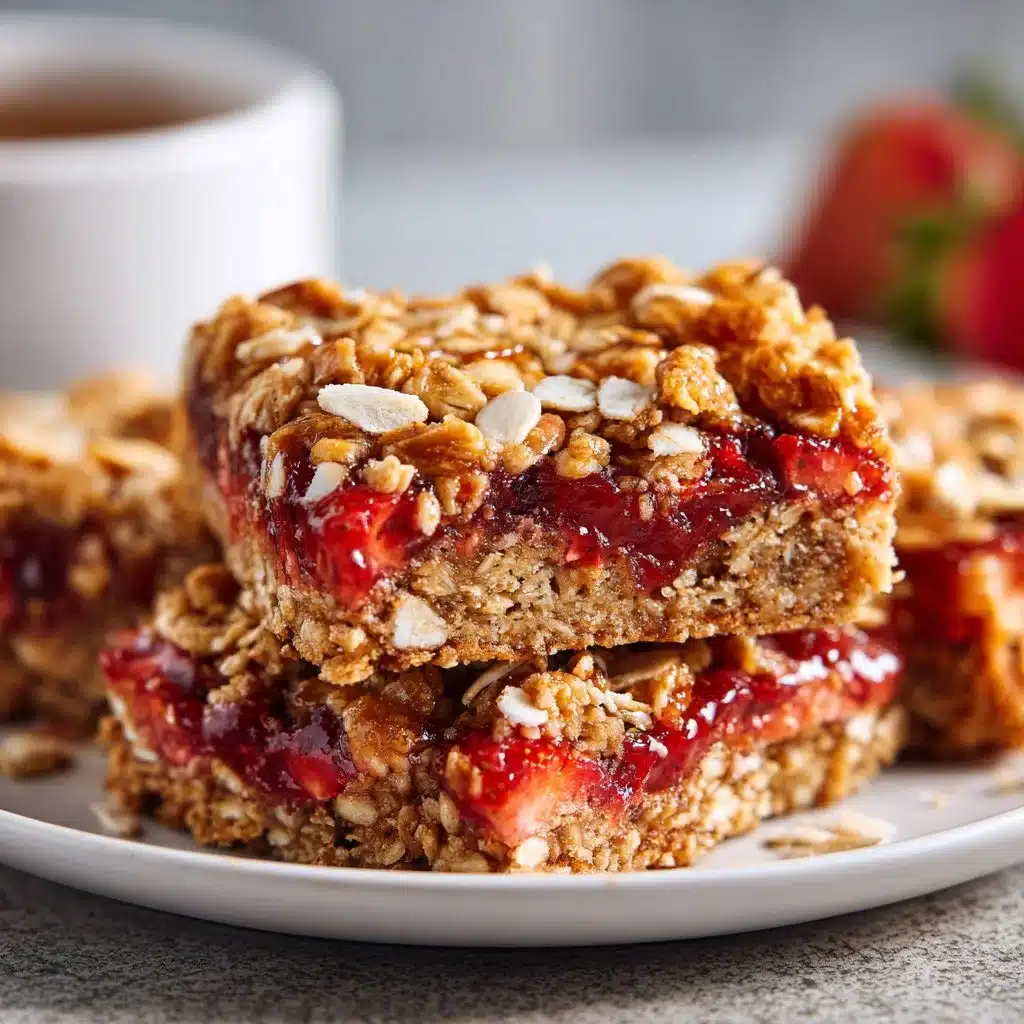 Delicious strawberry oatmeal bars stacked on a wooden plate