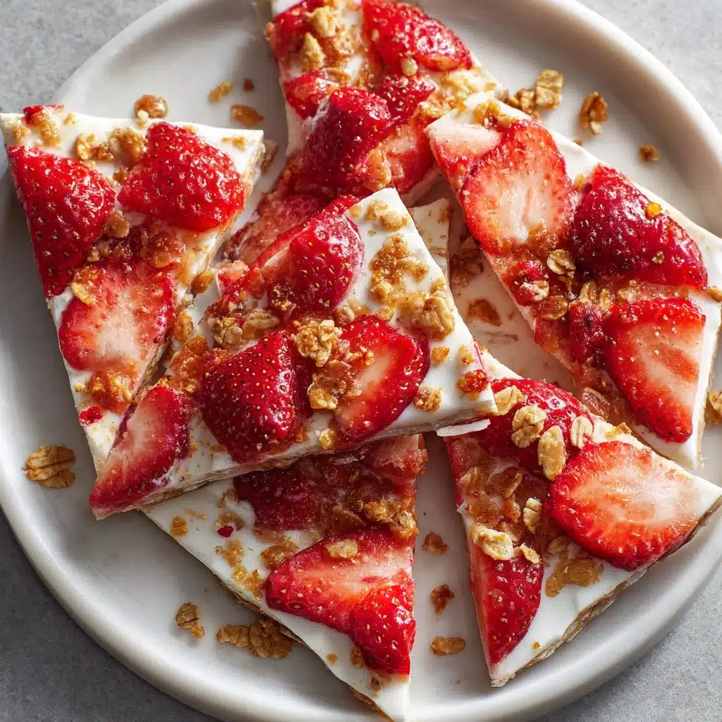 Delicious strawberry yogurt bark with fresh strawberries and yogurt on a plate