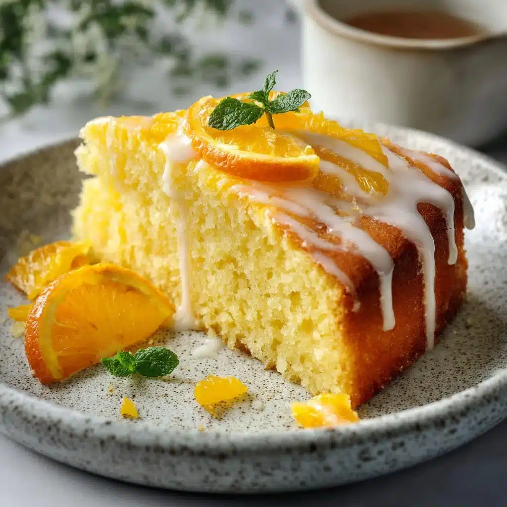 Delicious super moist orange olive oil cake garnished with orange slices.