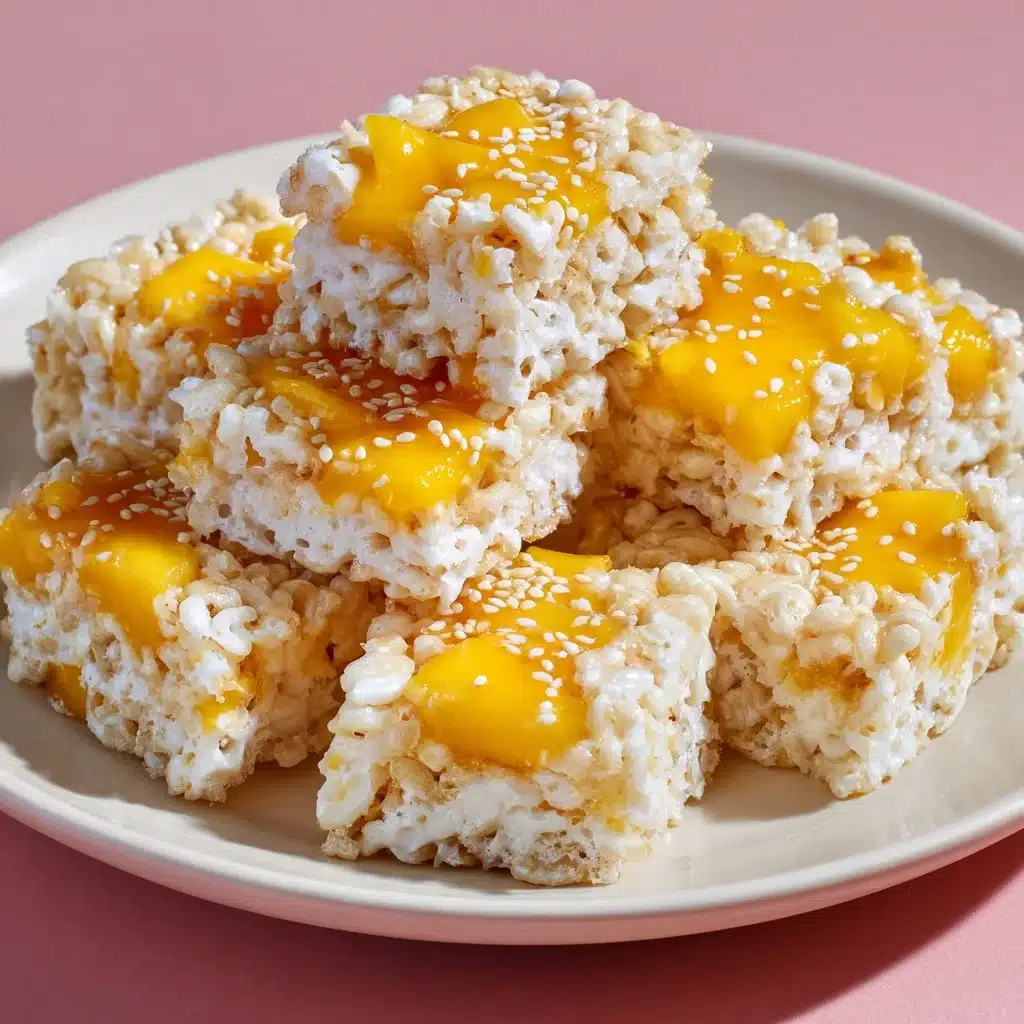 Thai Mango Sticky Rice Crispy Treats with fresh mango and coconut flavor