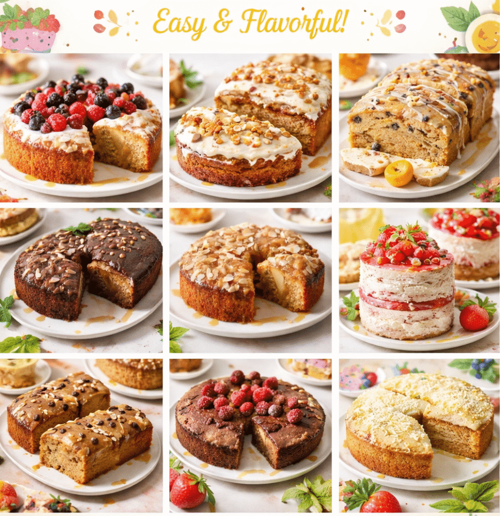 Home Page 1 A variety of healthy cakes on a table showcasing the best healthy cake recipes.