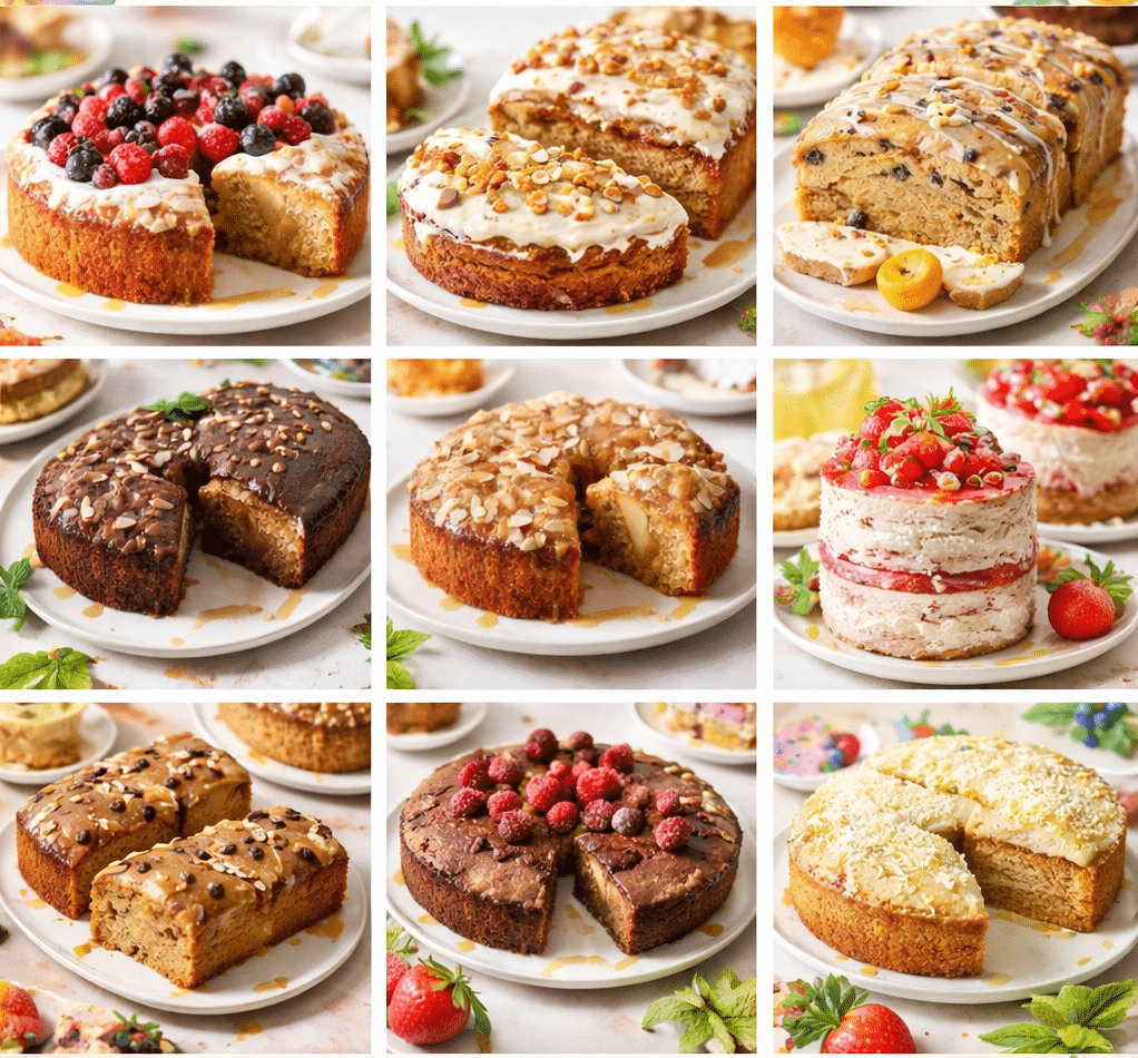 A variety of healthy cakes on a table showcasing the best healthy cake recipes.