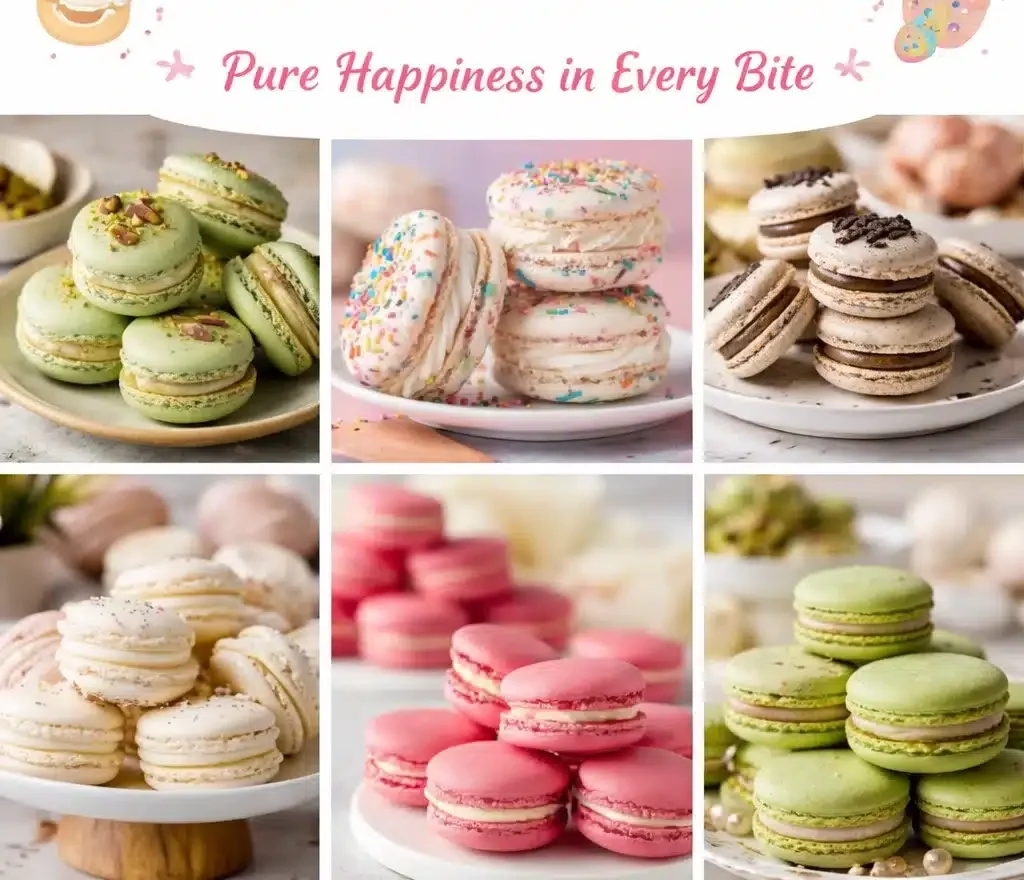 Delicious macaron cookies in various colors and flavors for celebrations