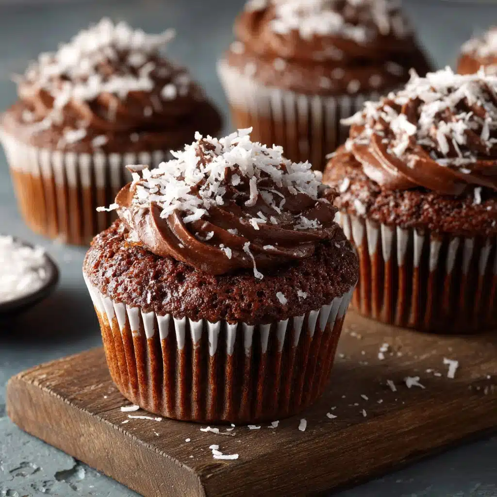 Home Page 1 Delicious Coconut Chocolate Cupcakes decorated for Easter with coconut shavings.