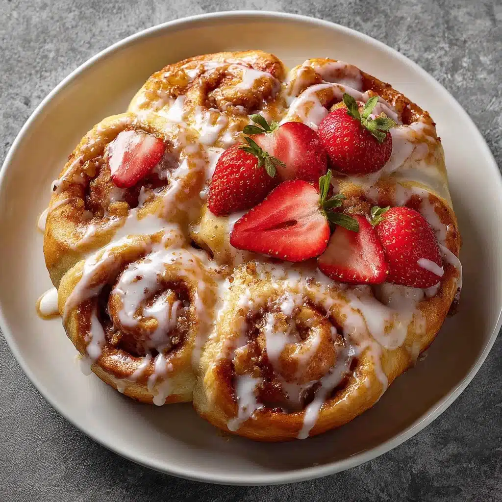 Strawberry Pink Cinnamon Rolls topped with icing and fresh strawberries