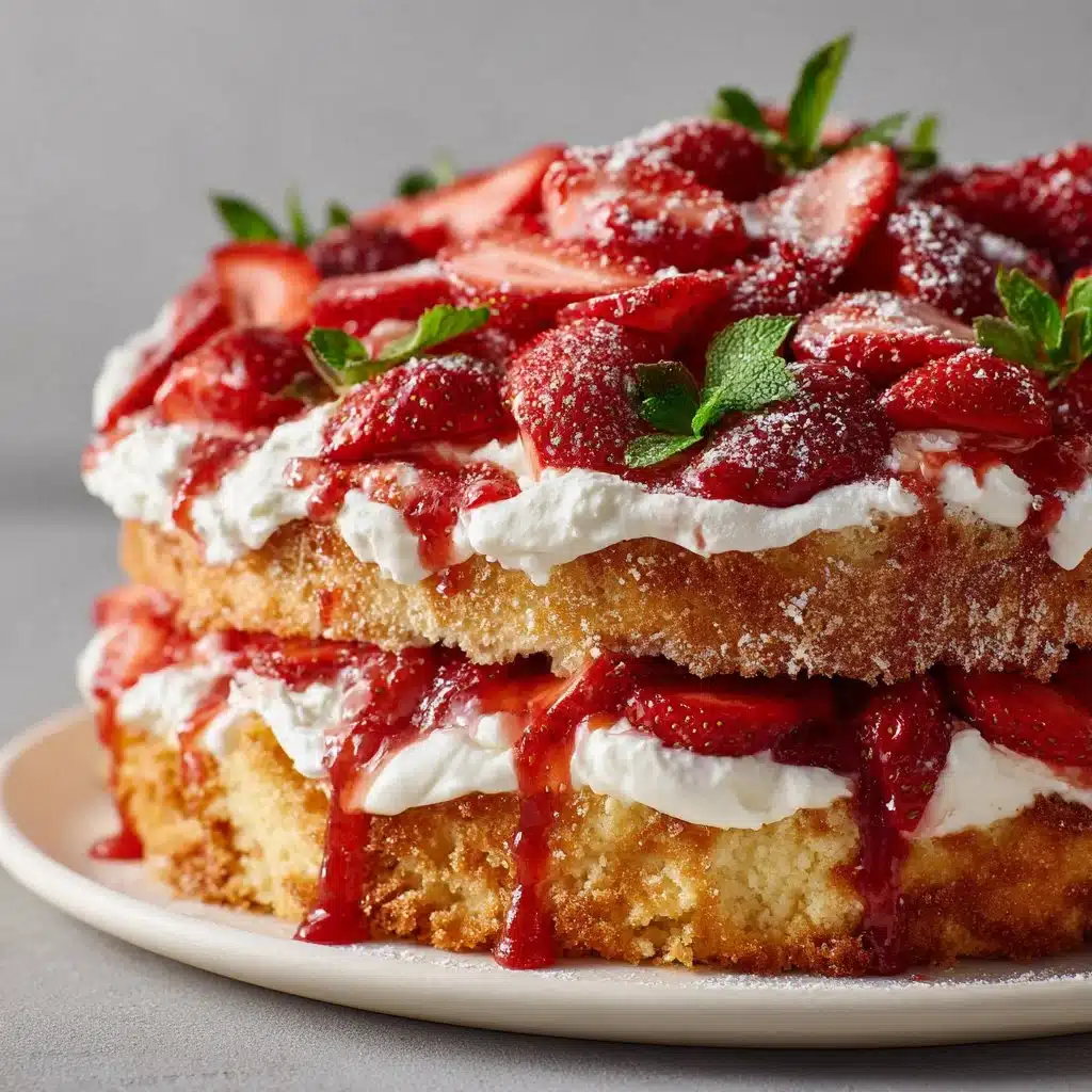 Delicious homemade strawberry shortcake topped with fresh strawberries and cream