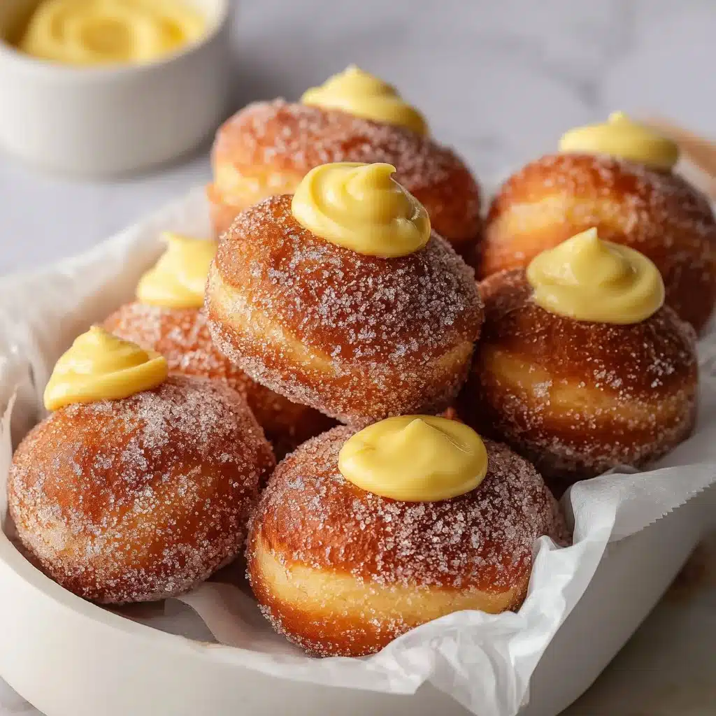 Home Page 5 Freshly baked Vanilla Cream Filled Donuts on a plate