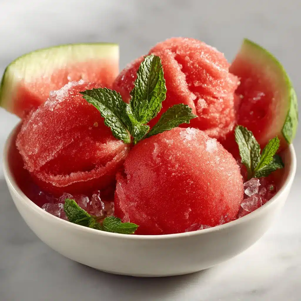 Bowl of homemade 2-ingredient watermelon sorbet garnished with mint leaves