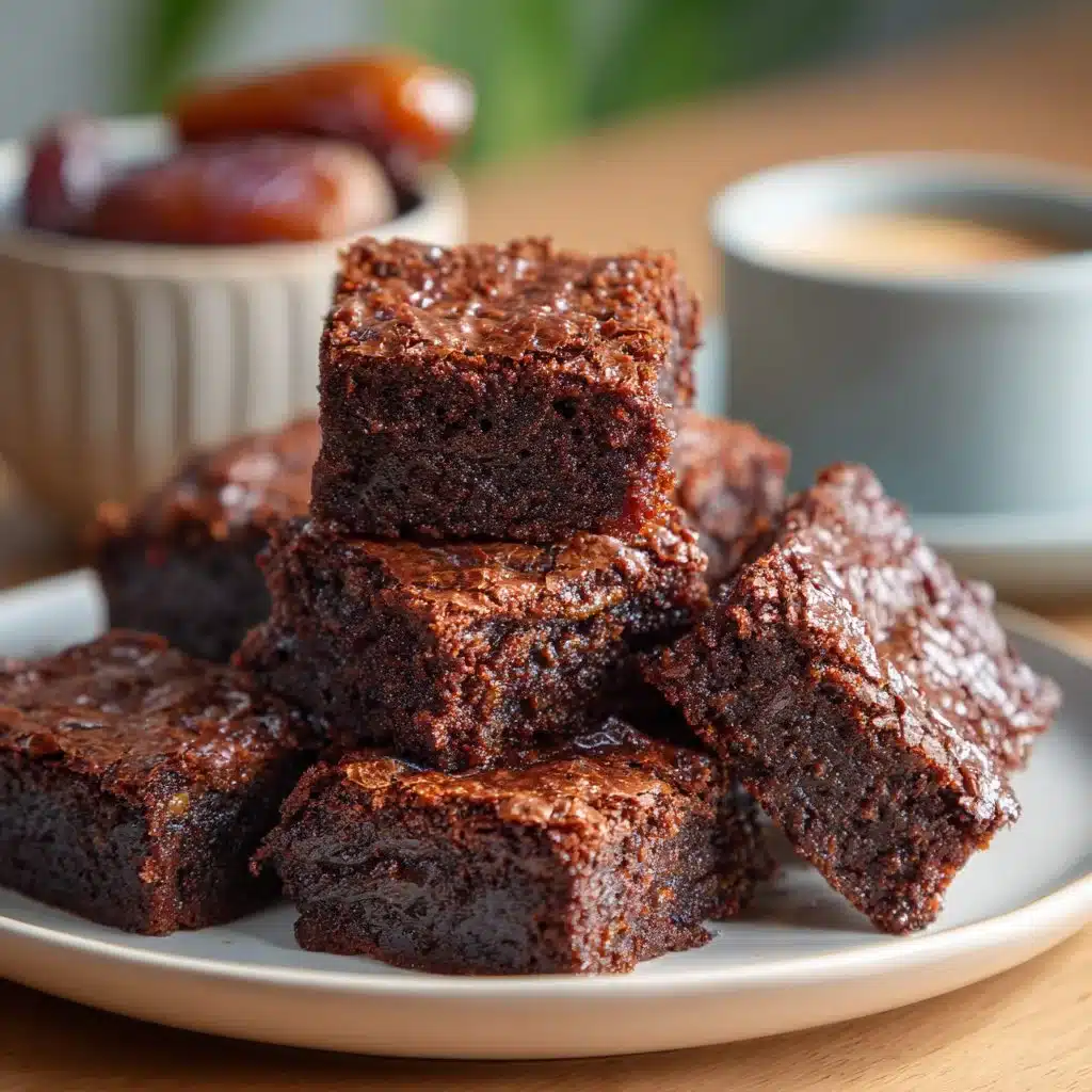 Fudgy flourless date brownies topped with nuts and cocoa powder