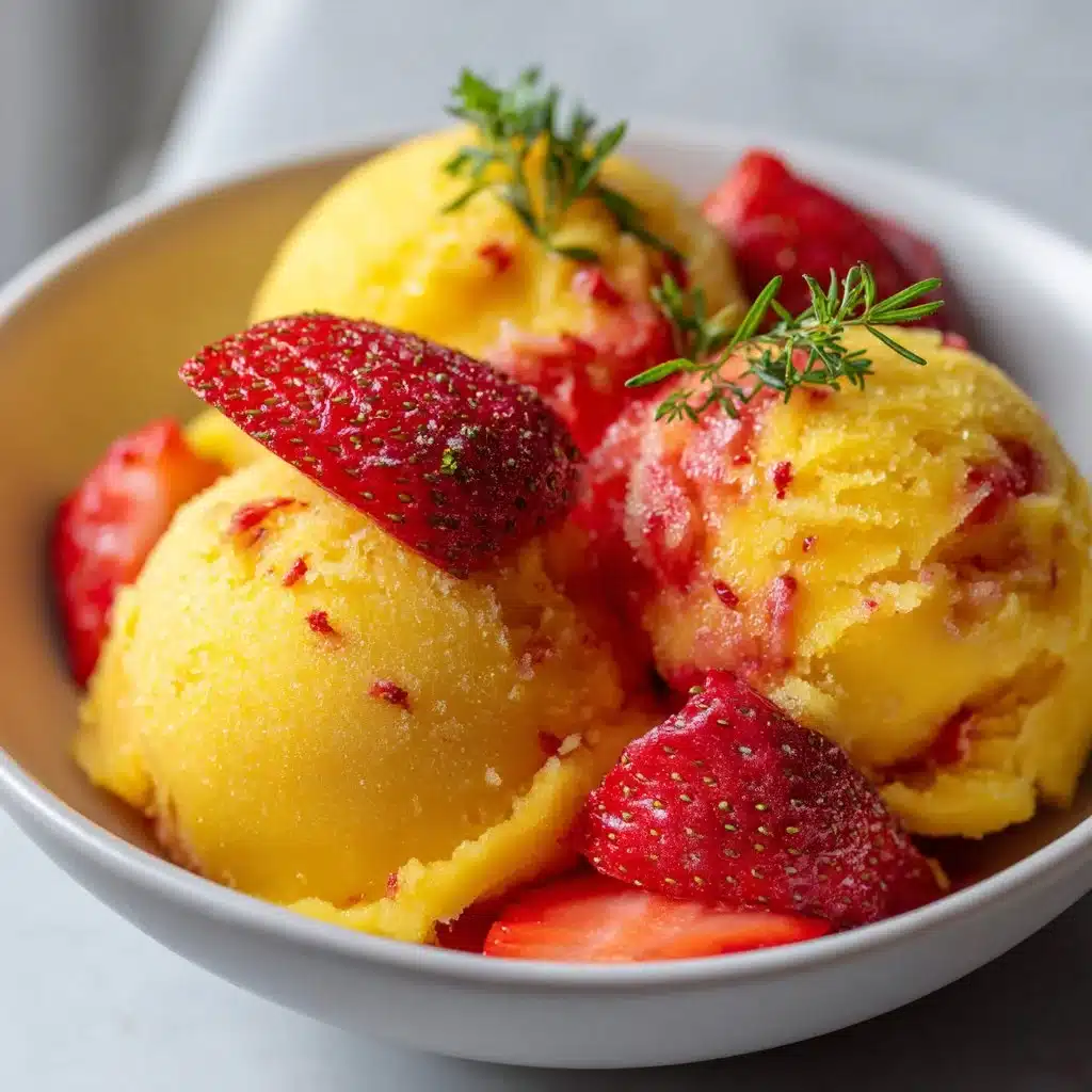 Homemade mango strawberry sorbet served in a bowl with fresh fruit