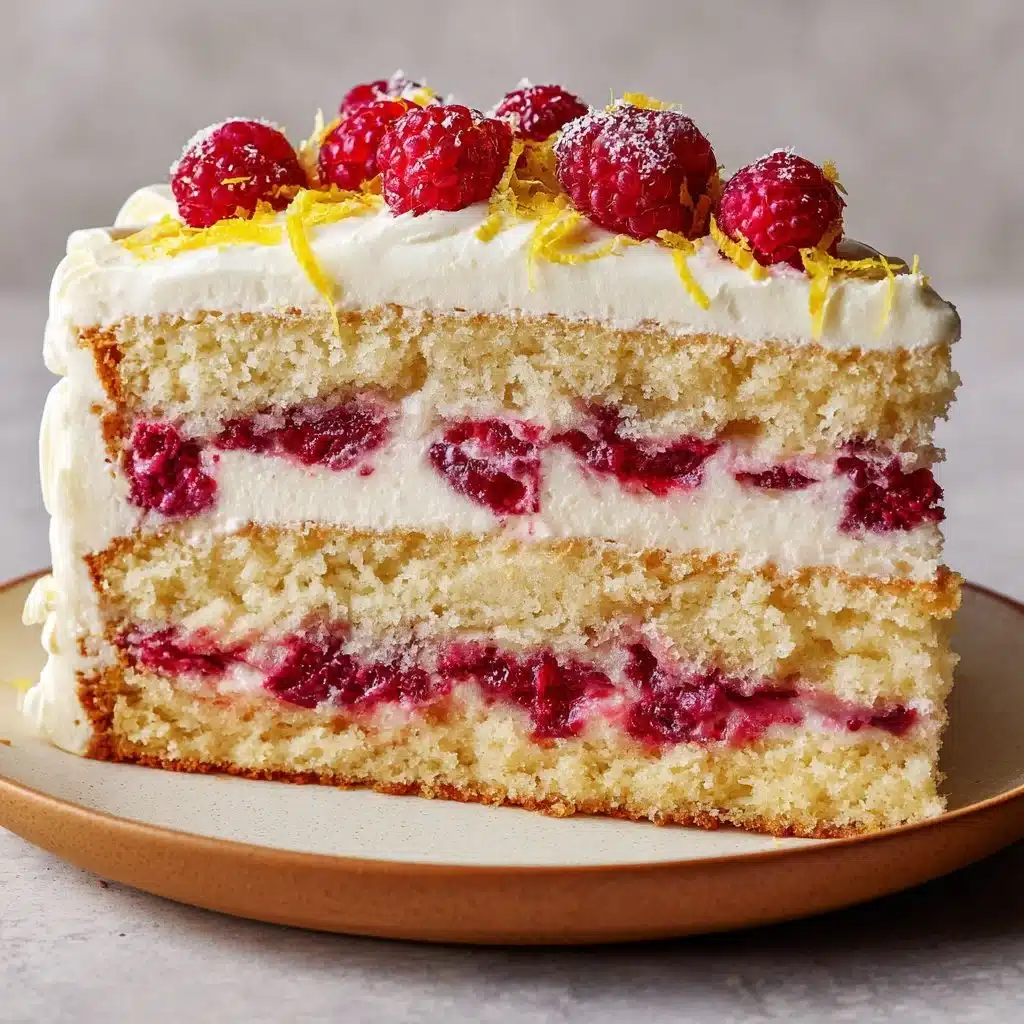 Home Page 1 Luscious lemon raspberry layer cake with layers of lemon cream and fresh raspberries.