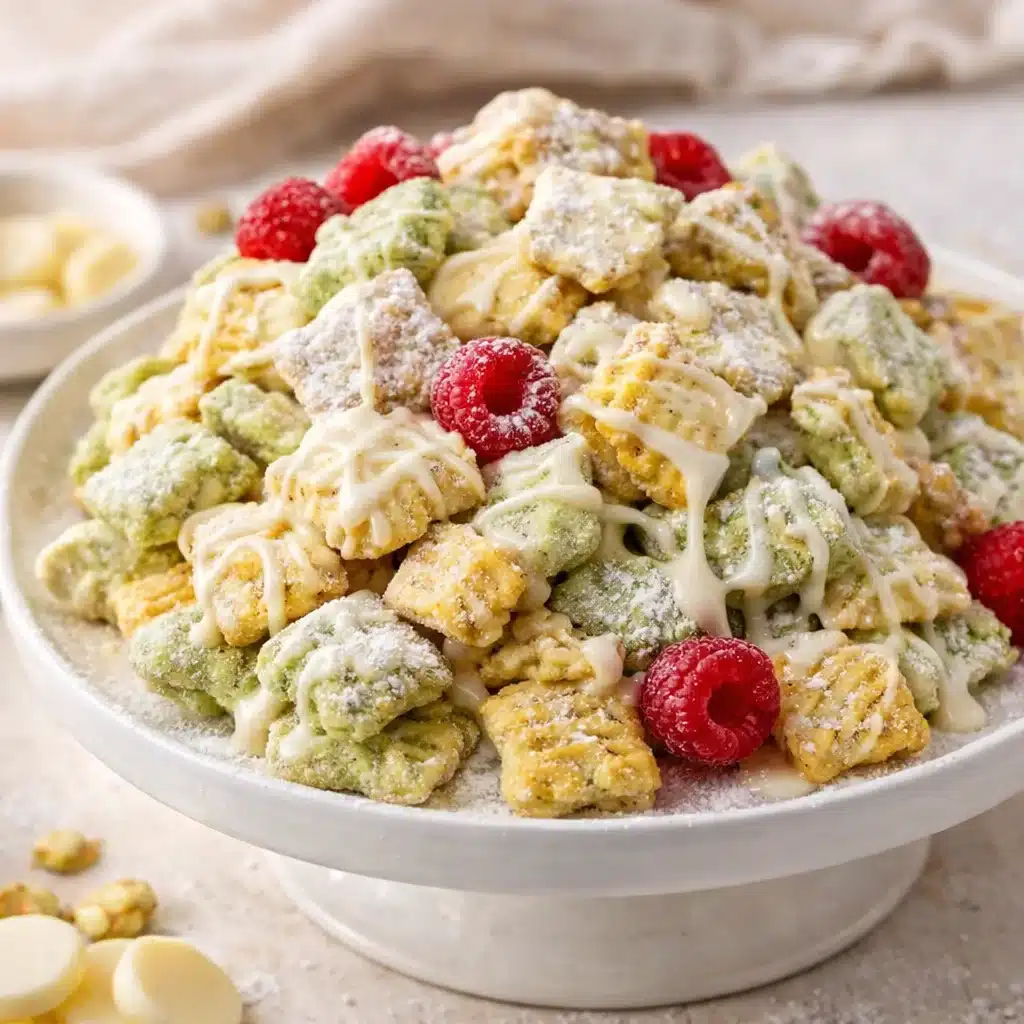 Sweet Pistachio Muddy Buddies 3 Bowl of Pistachio Muddy Buddies snack mix with green and white coating.