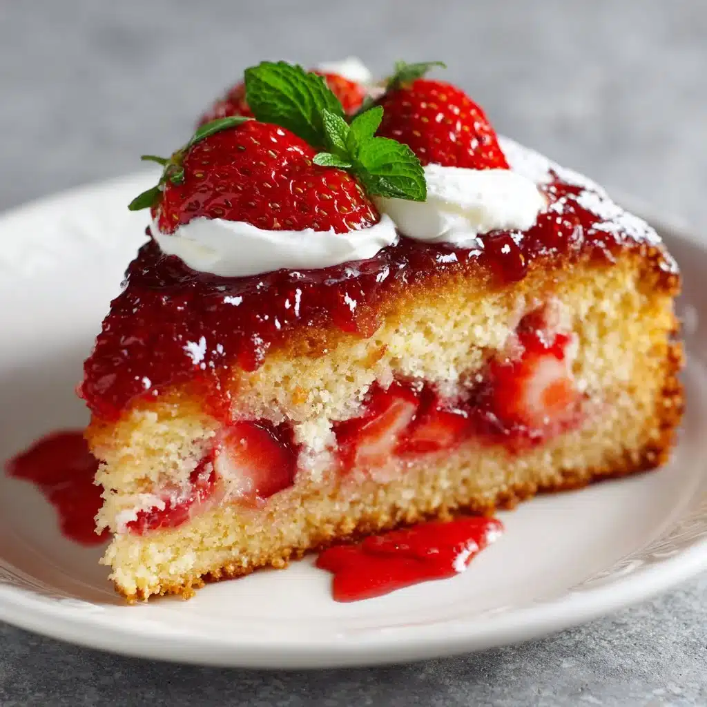 Small batch strawberry cake topped with fresh strawberries and whipped cream