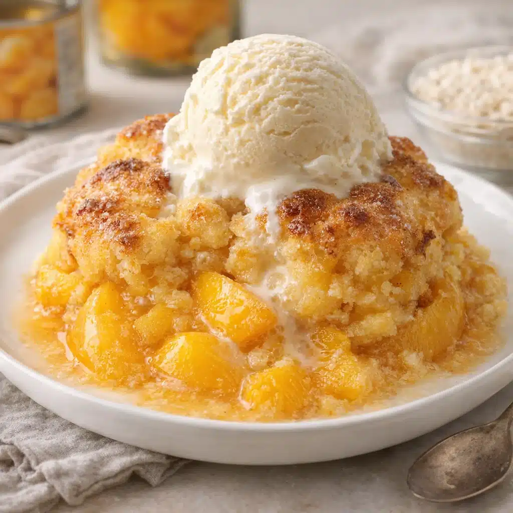 Delicious 3 Ingredient Peach Cobbler served on a plate with ice cream