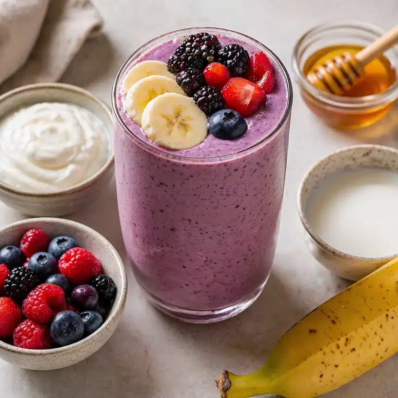 Delicious berry yogurt smoothie with Greek yogurt and fresh berries