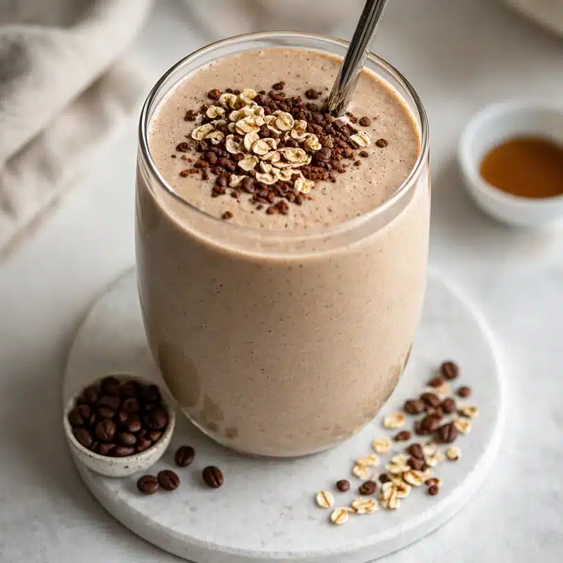Delicious Greek Yogurt Coffee Smoothie in a glass with coffee beans and yogurt